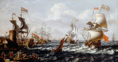 Ships in Rough Water off a Mediterranean Port by Lorenzo a Castro